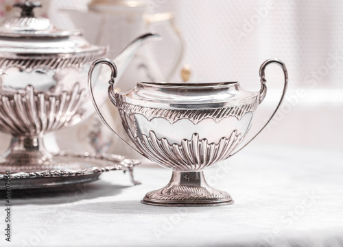 Obraz na płótnie Vintage silver tableware 120 years old France handmade antiques w salonie