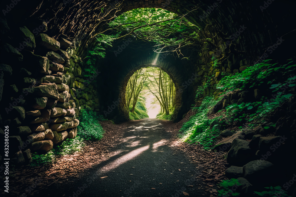 Enchanting stone tunnel in dense forest, sunbeams filtering through foliage casting speckled shadows. Ideal for eco-tourism or rustic home decor promotions. Generative AI