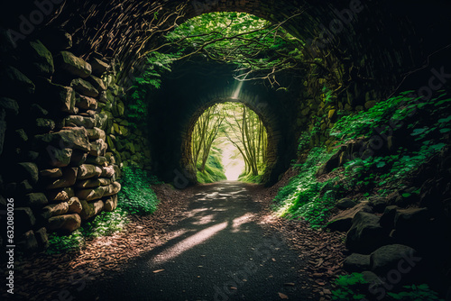 Enchanting stone tunnel in dense forest  sunbeams filtering through foliage casting speckled shadows. Ideal for eco-tourism or rustic home decor promotions. Generative AI