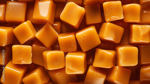 Tasty caramel candies with sauce background. Sweet texture. Generative AI