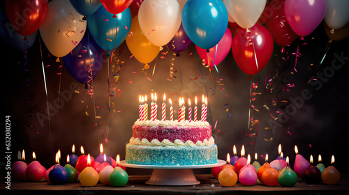 birthday party balloons, colourful balloons background and birthday cake with candles 
 photo