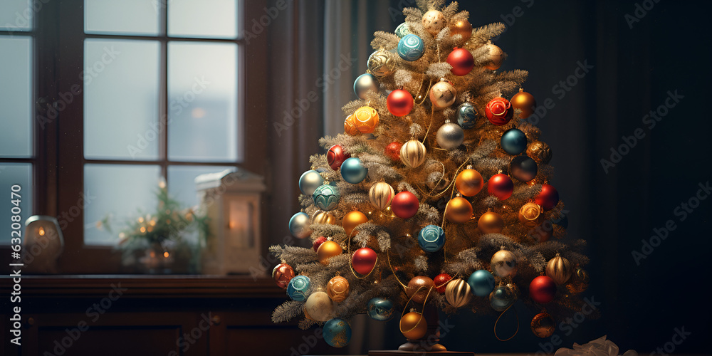 Fantasy christmas tree with gifts Sitting By A Window  celebrating merry christmas. 