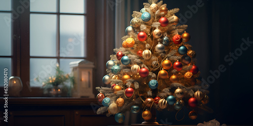 Fantasy christmas tree with gifts Sitting By A Window celebrating merry christmas. 