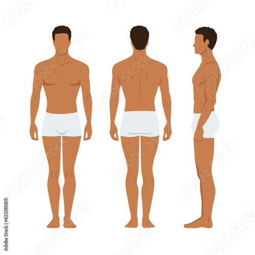 Vector illustration of three men in underwear on the white background. Flat young man. Front view man, Side view man, Back side view man