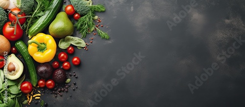 A background of vegetarian food with organic ingredients for healthy vegan nutrition is shown on a stone table, as seen from the top view. provides ample copy space.