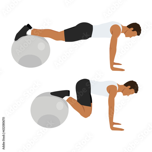 Man doing swiss or stability ball jackknife exercise. Flat vector illustration isolated on white background