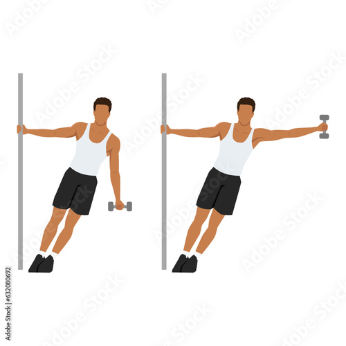 Man doing leaning one arm or single handed dumbbell lateral hammer raise exercise. Flat vector illustration isolated on white background