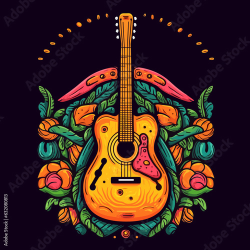 Guitar solo, lyrical depiction of a musical instrument with floral decoration. Cartoon vector illustration.