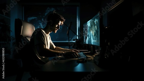 man on computer setup in the dark gaming