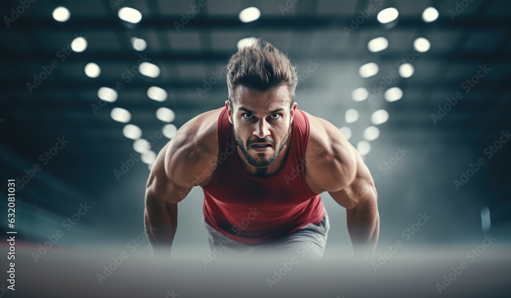 A strong athletic, man sprinter, work out at the gym on dark background wearing in the sportswear, fitness and sport motivation. Runner concept with copy space.