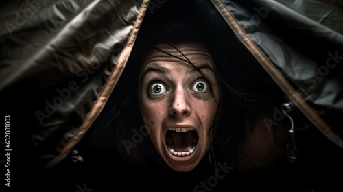 Woman screaming in a tent