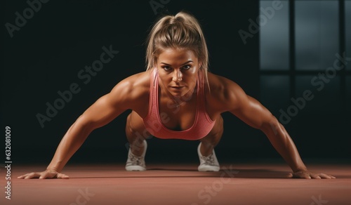 A strong athletic, woman sprinter, work out at the gym on dark background wearing in the sportswear, fitness and sport motivation. Runner concept with copy space.