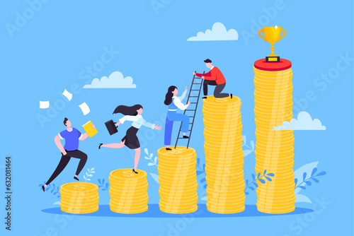 Business mentor helps improve career and money stacks growing. He holds stairs steps vector illustration. Mentorship, upskills, climb help self development strategy flat style design business concept.