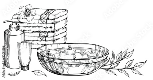Hand drawn vector ink spa and bath beauty products accessories floating candles. Horizontal composition. Isolated on white background. Design for wellness resort, print, fabric, cover, card, booklet.
