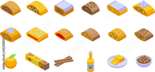 Strudel icons set isometric vector. Apple food. Chocolate bakery