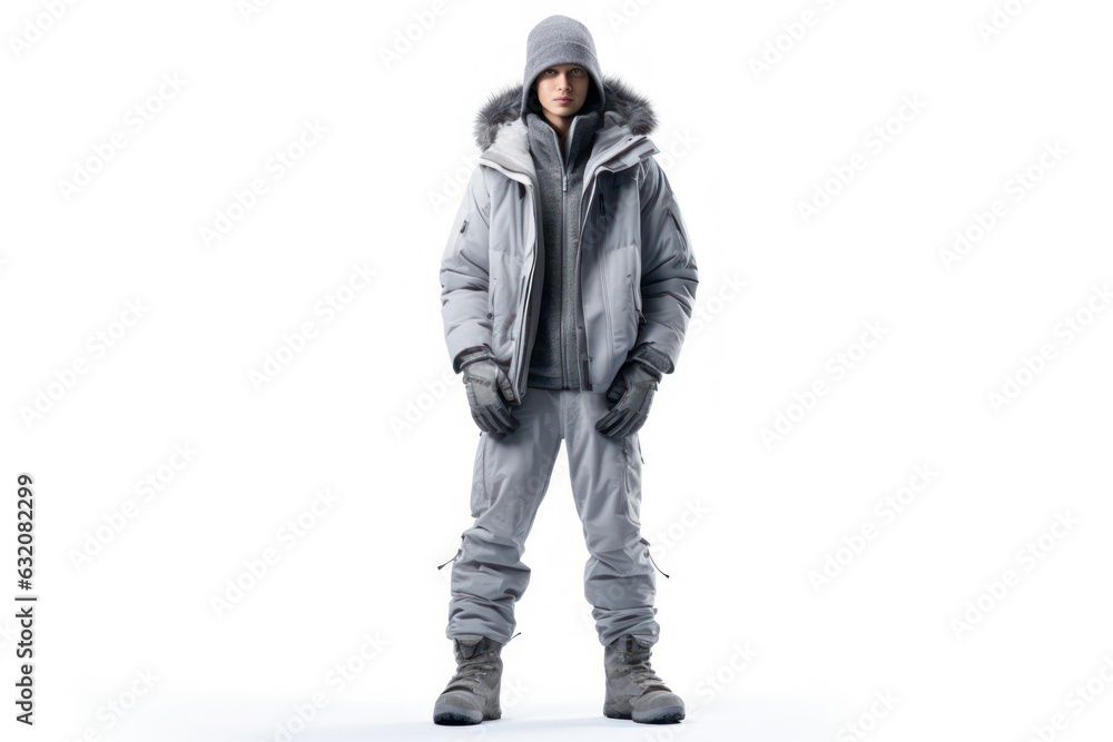 Fullbody portrait of a fictional person in winter clothing. Isolated on a plain blank background. Generative AI. Fullbody portrait of a fictional person in winter clothing. Isolated on a plain blank background. Generative AI.