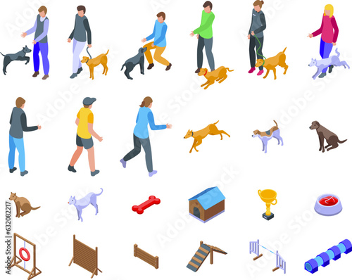 Pet trainer icons set isometric vector. Dog play. Owner puppy
