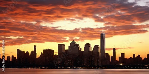 New York skyline silhouette with twin towers at sunset.