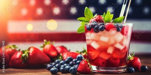 Colorful summer cocktail on bar counter over usa flag.