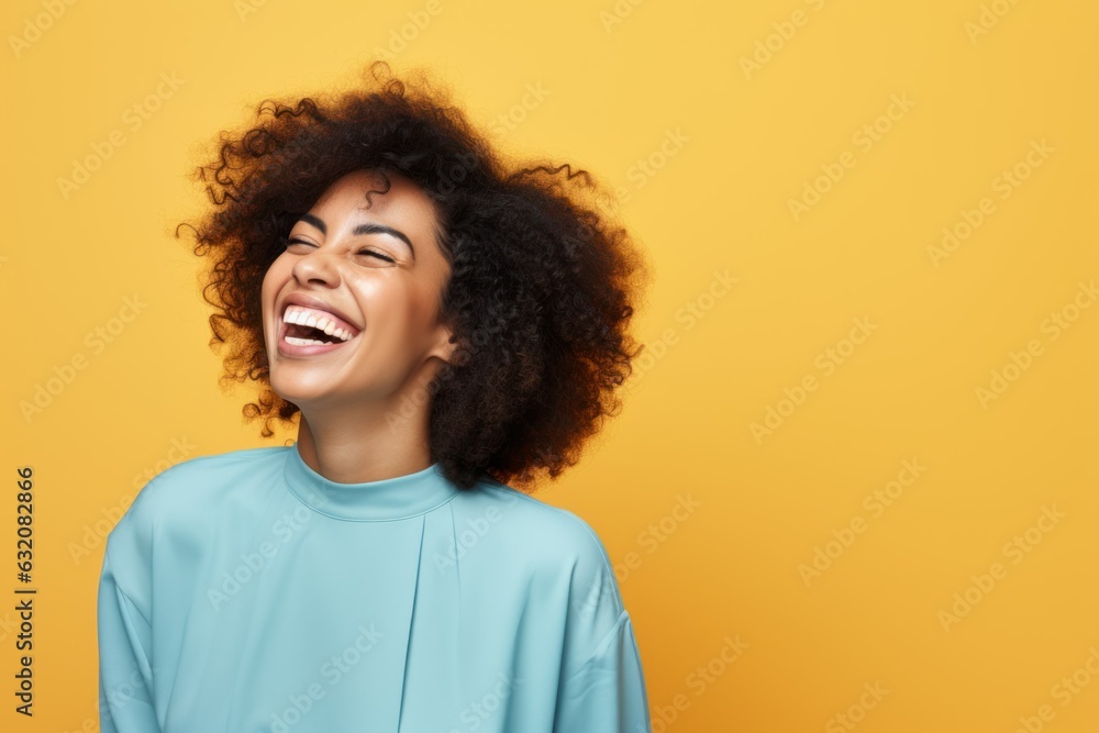 Portrait of a fictional person laughing. Isolated on a plain yellow background. Generative AI. Portrait of a fictional person laughing. Isolated on a plain yellow background. Generative AI.