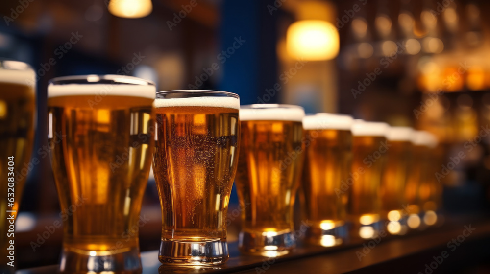 Glasses with different types of beer on bar counter, closeup, Stylish beer glasses full of beer on the bar stand, AI Generated