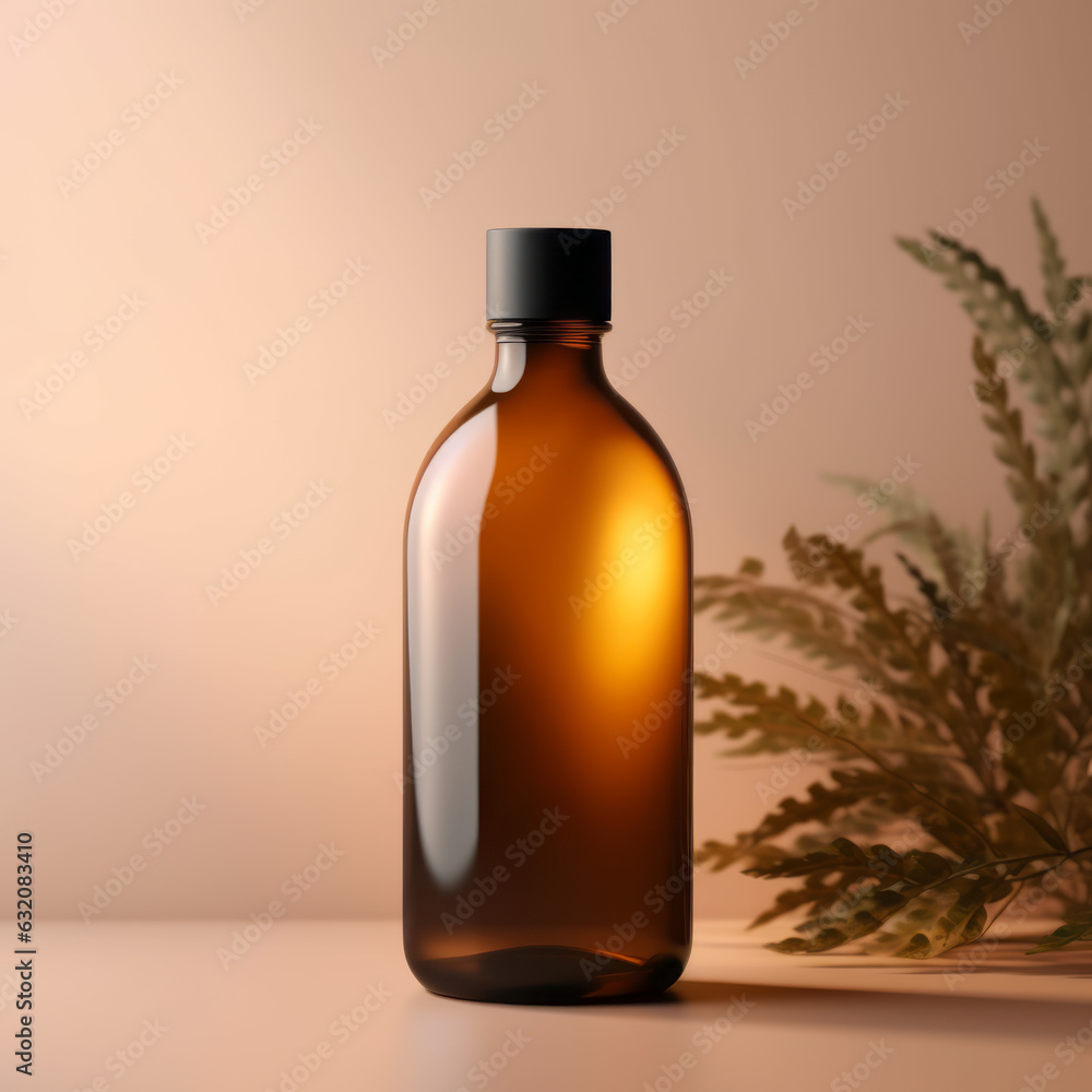 Blank amber glass cosmetics container for cream or shampoo. Cosmetics bottle mockup with leaves. Blank amber glass cosmetics container for cream or shampoo. Cosmetics bottle mockup with leaves.
