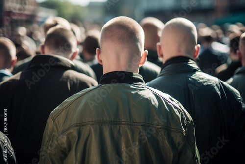 Fotografia, Obraz Back view of group of skinhead neo-nazis in leather jackets.
