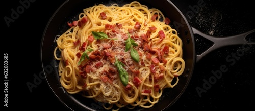 Pasta Carbonara with bacon and Parmesan in a pan, photographed from a top view on a black background. copy space available.