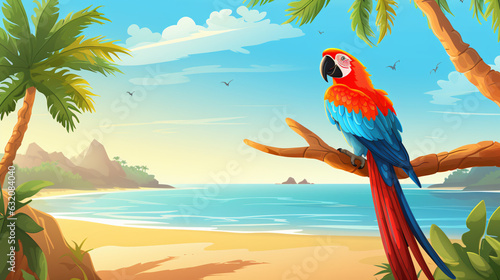 Beautiful seaside view with parrot on sky background