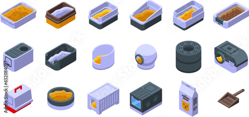 Cat litter box icons set isometric vector. Animal tray. Pan sandbox