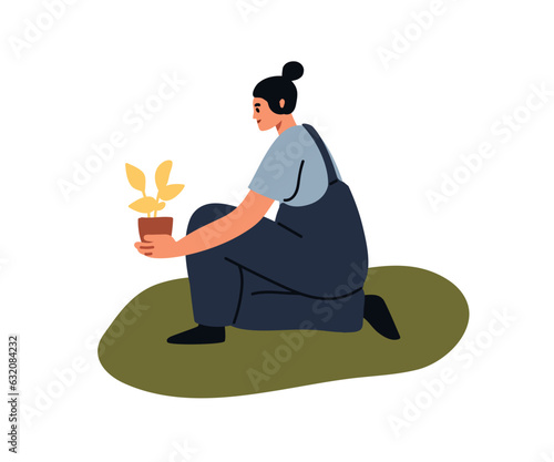 Growing, cultivating, holding potted plant in hand. Woman replanting houseplant from flowerpot to garden. Growth, cultivation of vegetation. Flat vector illustration isolated on white background