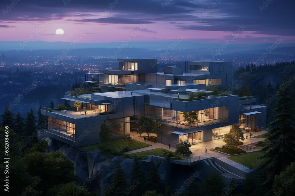 Obraz premium Photorealistic Architecture: Modern Masterpiece at Dusk. Generative AI