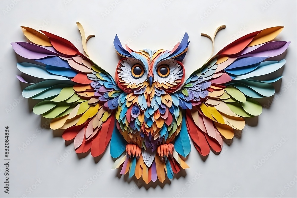 Fototapeta premium Stunning rainbow paper owl in flight against white background