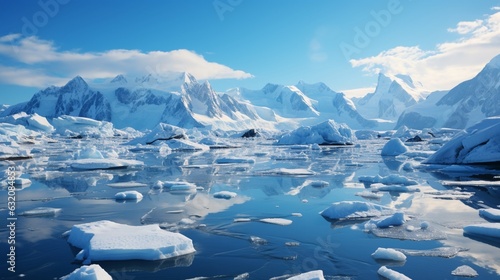 Icebergs floating in the Antarctic Ocean.