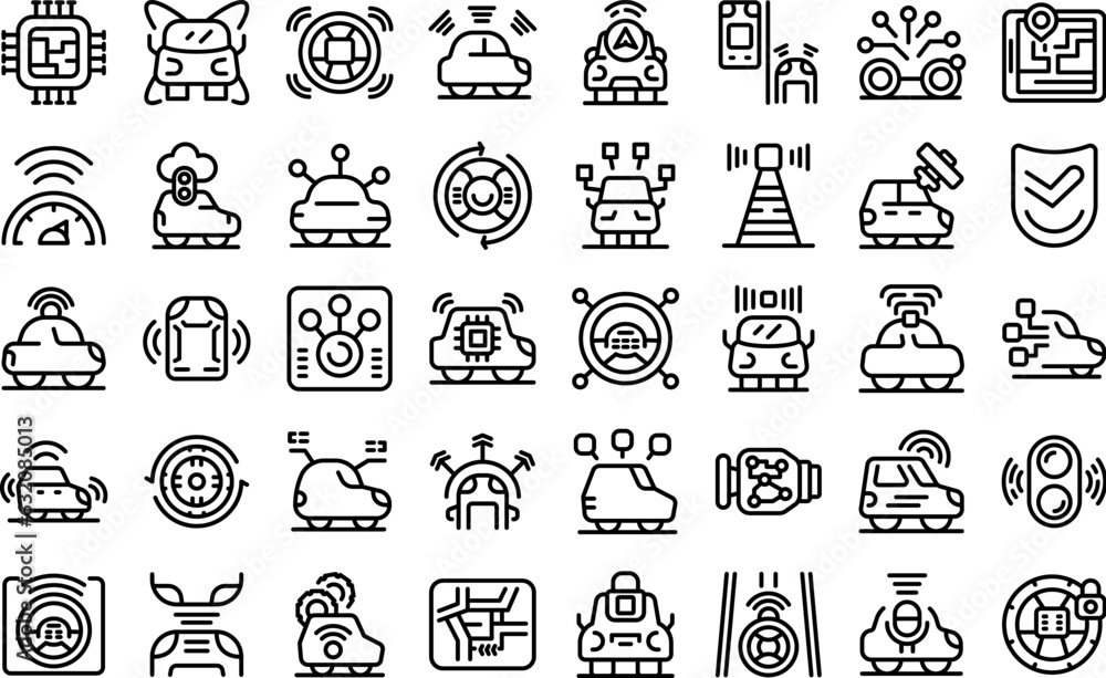 Fototapeta premium Driverless vehicle icons set outline vector. Car future. Drive self