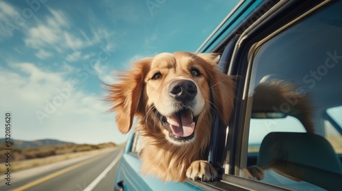 happy golden retriever dog is sitting in a blue car at a beautiful summer day