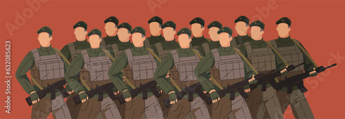 Soldiers march on parade. Airborne army in khaki, beret and body armor with weapon in arms. Military people, warriors, patriots, armed men in platoon, group defend and attack. Flat vector illustration