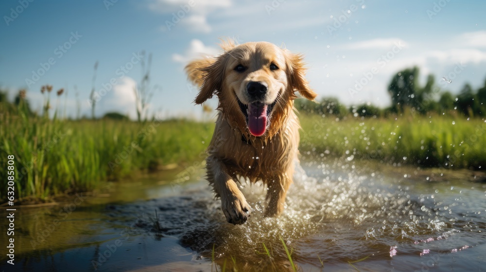 happy golden retriever dog running through splasing water in a green field on a beautiful summer day with natural sunlight