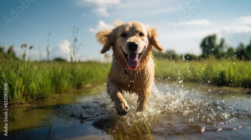 Wallpaper Mural happy golden retriever dog running through splasing water in a green field on a beautiful summer day with natural sunlight Torontodigital.ca