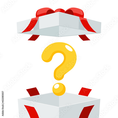 Open a mystery gift box with a red ribbon on isolated white background. Random secret loot box isometric concept. Vector illustration cartoon flat design.