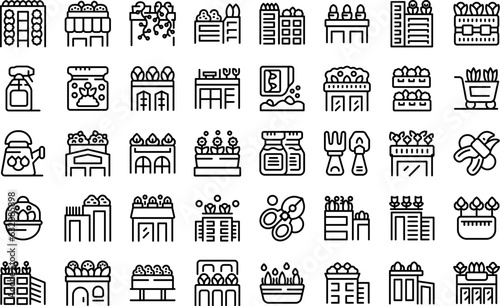 Roof gardening icons set outline vector. House office. Home roof