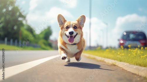 A cute happy corgi dog running on a road