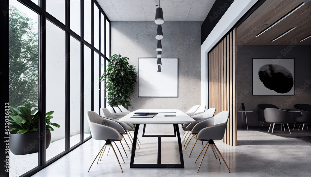 Interior of modern meeting room with white walls, concrete floor and ...