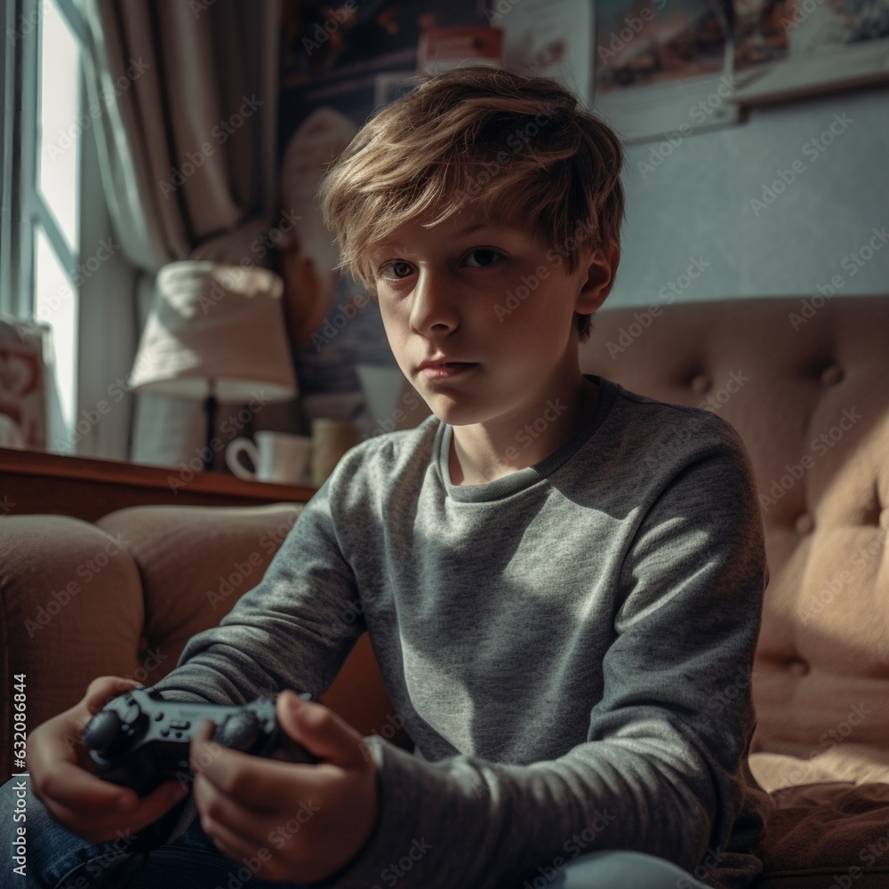 boy sits near the TV and plays in the console. Generative ai boy sits near the TV and plays in the console. Generative ai