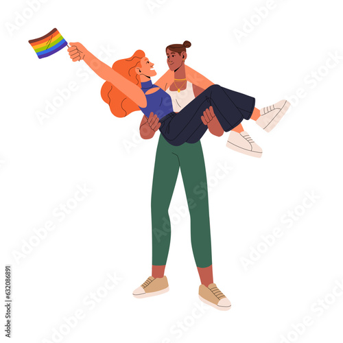 Lesbian women couple. Happy LGBT girls celebrating pride month, holding rainbow flag. LGBTQ romantic relationships. Female valentines, partners. Flat vector illustration isolated on white background