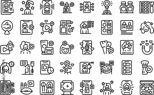 Beauty blogger icons set outline vector. Influence woman. Fashion girl