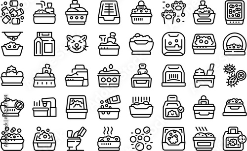 Cat tray icons set outline vector. Toilet dog. Poop sand