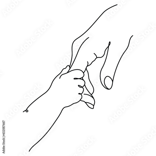 Single line art of baby holding mother's finger,  Baby and Mother hand, monoline art, mothers day illustration. Mom and Baby, Infant hand, doodle art
