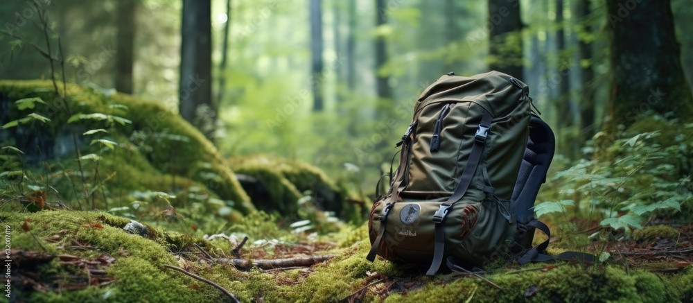 A travel camping backpack or a military hunting bag is resting on the forest floor next to a tree. It represents the concepts of travel, hiking, and camping. empty space available for text. - obrazy, fototapety, plakaty 