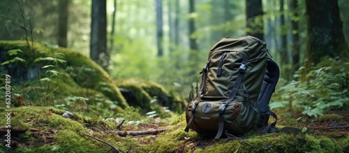 A travel camping backpack or a military hunting bag is resting on the forest floor next to a tree. It represents the concepts of travel, hiking, and camping. empty space available for text.